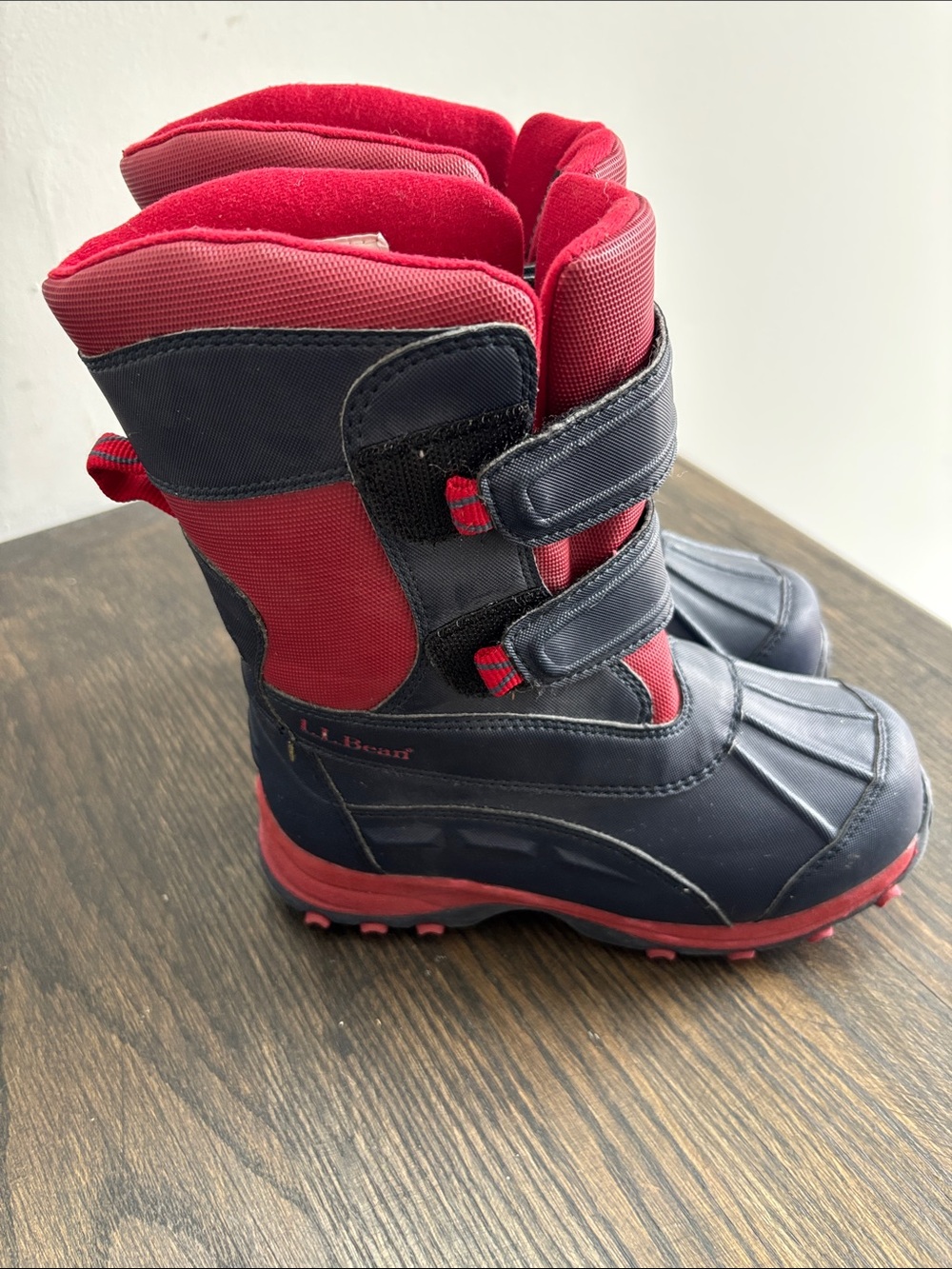 LL Bean kids snow boots, red/navy, velcro closures, size 12